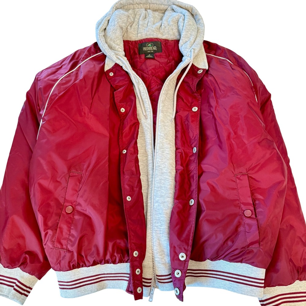 RedHead Mens Hooded Bomber Jacket Burgundy Red Quilted Insulated Vintage Medium